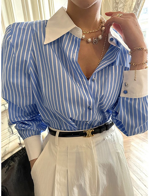 더블공주 여성 클래식 배색 카라넥 스트라이프 패드셔츠