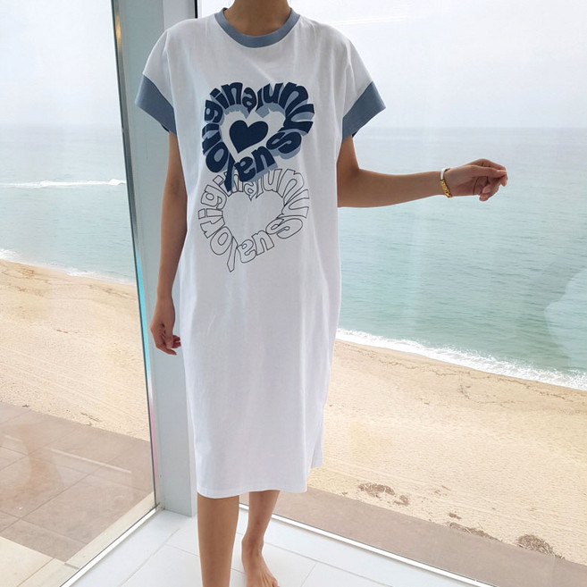 상상그이상 여성용 국내제작 라운드 배색 롱원피스 빅사이즈 홈웨어룩 임산부 원피스추천 입체감 레터링 포인트 군살커버 면소재 여성 실내복 파자마룩