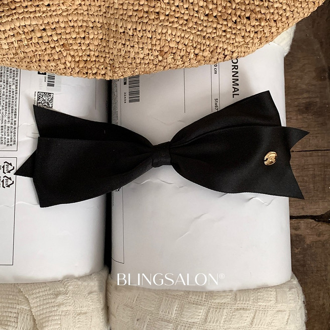 블링살롱 프랑스 블랙 새틴 금장로고 나비리본 머리핀 2타입 웨딩 왕리본 헤어핀 리본핀