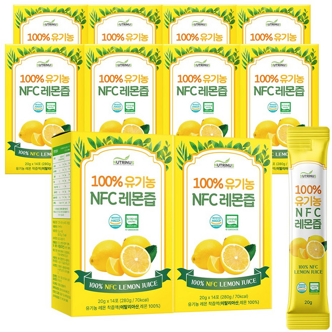 8.2brix보장 물한방울 섞지 않은 유기농 100% NFC 레몬즙 스틱 레몬수 레몬물 원액, 280g, 10박스