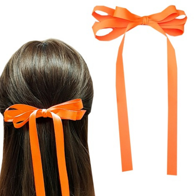 국내제작) 형광 오렌지 롱리본 꼬리 리본 머리핀 골프리본핀 롱테일 리본핀 반묶음 자동 머리핀