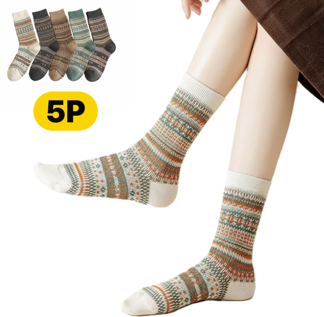 보급형 여성 노르딕 빈티지 양말 5켤레 사계절용 두께