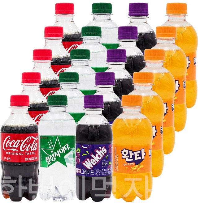 [한번에먹자] 과즙탄산 300ml 4종 혼합세트 / 코카콜라 5 + 칠성사이다 5 + 환타오렌지 5 + 웰치스포도 5, 20개