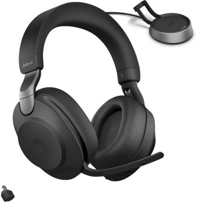 자브라 이볼브2 85 무선 PC 헤드셋 – 노이즈 캔슬링 UC 인증 스테레오 헤드폰 배터리 수명 길음 USB-C 블루투스 어댑터 포함 – 블, USB-C Dongle, Teams Certified, Charging Stand
