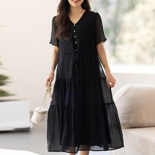 뉴욕멋쟁이 페미닌 브이넥 플리츠 반팔 원피스 (55~88사이즈까지)