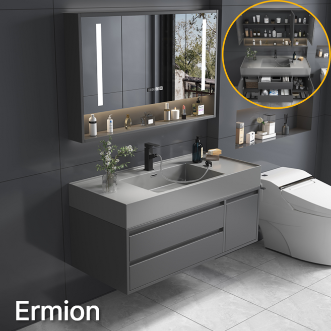 에르미온 화장실 세면대 하부장 거울 세트 수납장 캐비닛 led조명 거울장 인테리어 욕실 세면기, A