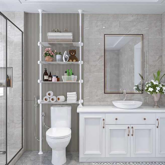 욕실 변기위에 선반 튼튼한 욕실 변기위 수납선반 4단 욕실 정리대 화장실 선반 방수 높이조절 가능 화장실용 스탠드형 수납 선반 - 변기 및 세탁기 위 전용 다층 수납 설계세면, 하양, 1