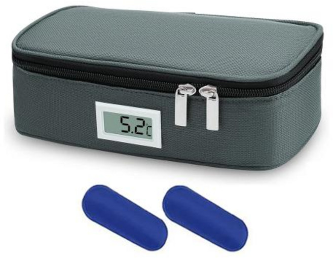 이중 보냉백 인슐린 위고비 마운자로 쿨러 여행용 약품 보관 파우치 소형 박스 2개의 아이스 팩 및 디지털 LED 온도 표시기 포함, 1)Grey