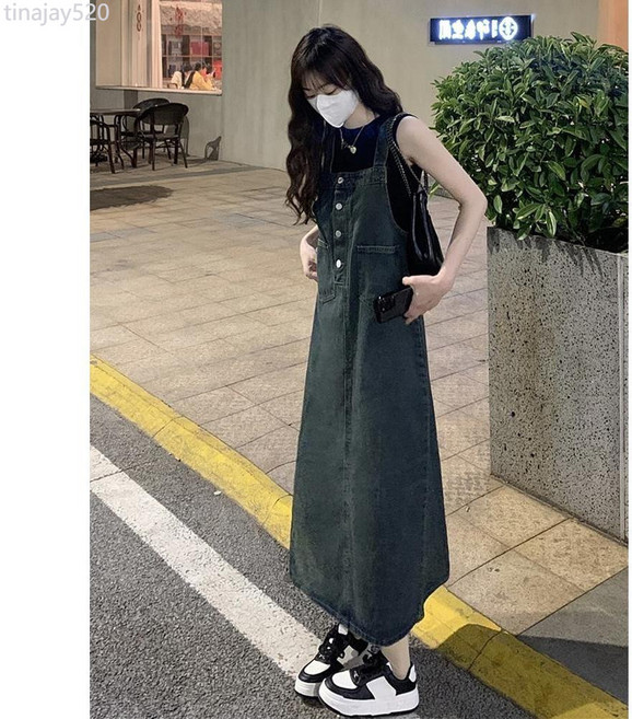 韓系牛仔背帶裙套裝 女吊帶長裙兩件套 時尚連衣裙, 復古藍【單裙】,L, 復古藍