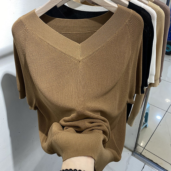 IWMAFT 여성 여름 아이스 니트 브이넥 5부 소매 티셔츠 소프트 데일리 시원한 니트티 KT512