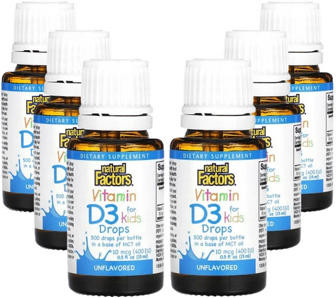 네츄럴팩터스 어린이용 비타민D3 드롭스 무향 10mcg(400IU) 0.5fl oz(15ml), 6팩, 15ml - 쿠팡