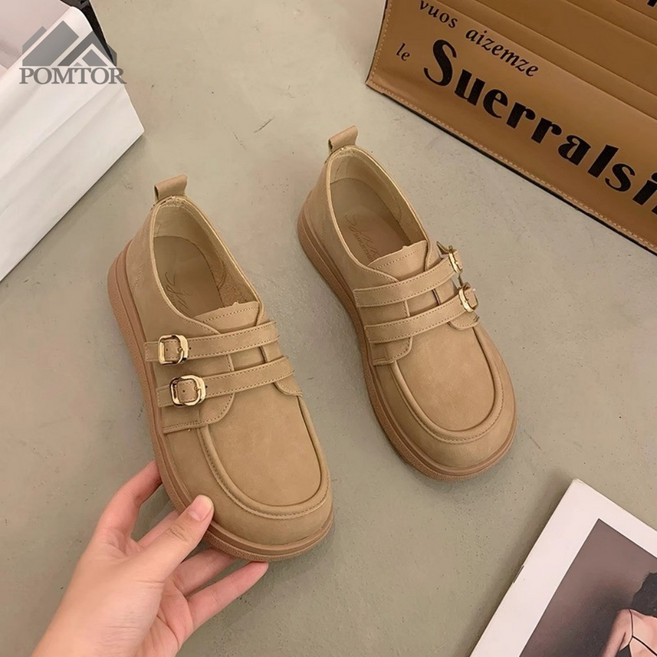 POMTOR 여성용 라운드토 소프트 스트랩 통굽 구두 로퍼