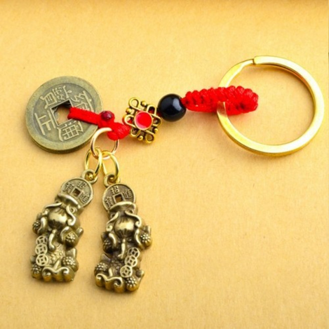 황동구리 차키키링 가방 홀더 열쇠고리 재물신 비휴 행운 풍수 부적 s726, 1개