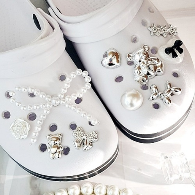 10종) 진주 리본 메탈 3D 신발 슬리퍼 실내화 장식 쥬얼리 진주 큐빅 신발 신꾸 장식 꾸미기 파츠