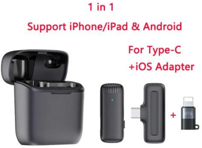 미니 휴대용 무선 라발리에 마이크 소음 감소 오디오 비디오 녹화 아이폰 호환 안드로이드용 충전 박스 포함, 1in1TypeC-iOS Adaptr