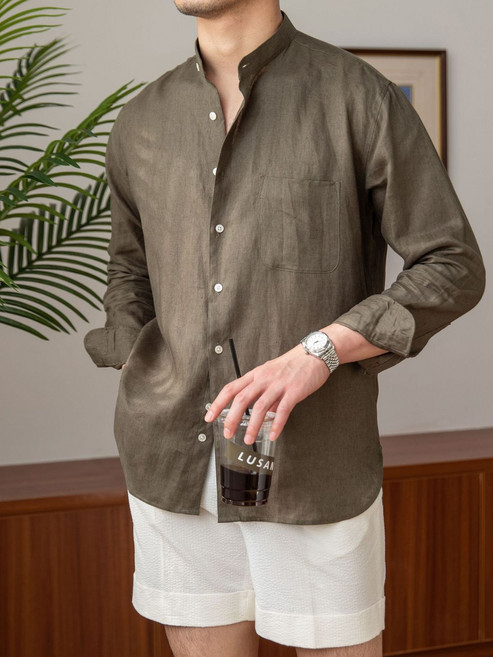 亞麻襯衫 男士休閒長袖立領亨利領上衣