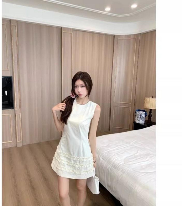 白色無袖A字短款連衣裙, 杏色