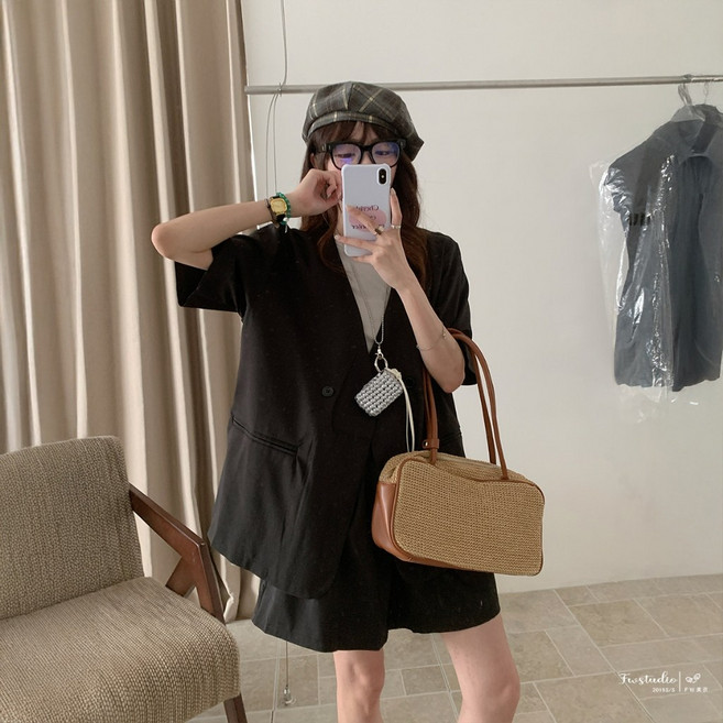 FW美衣 短袖單扣五分西裝套裝 外套 短褲 兩件套裝 黑