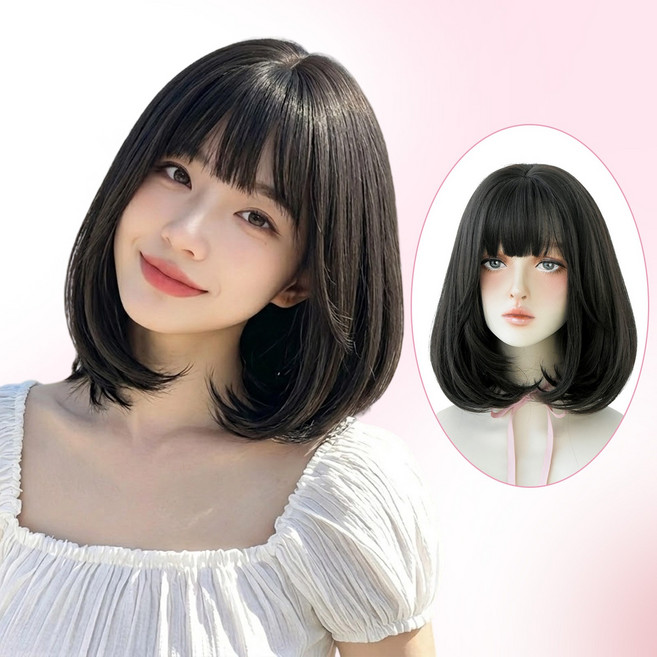 Lumiweft 자연 하프 기장 여자 앞머리 통가발 수제 일체형 볼륨 C컬 여자 가발, 1개, 차갈색