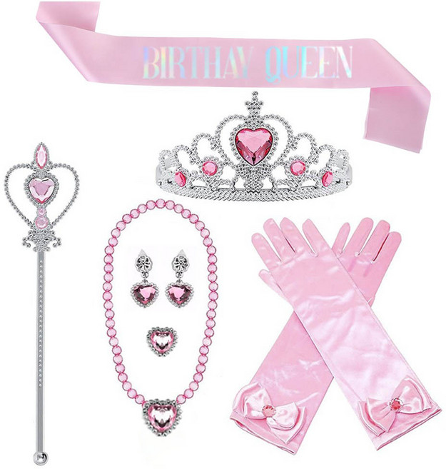 생일 파티 용품 티아라 + 어깨띠 + 액세서리 요술봉 코스튬 세트, 핑크 공주세트