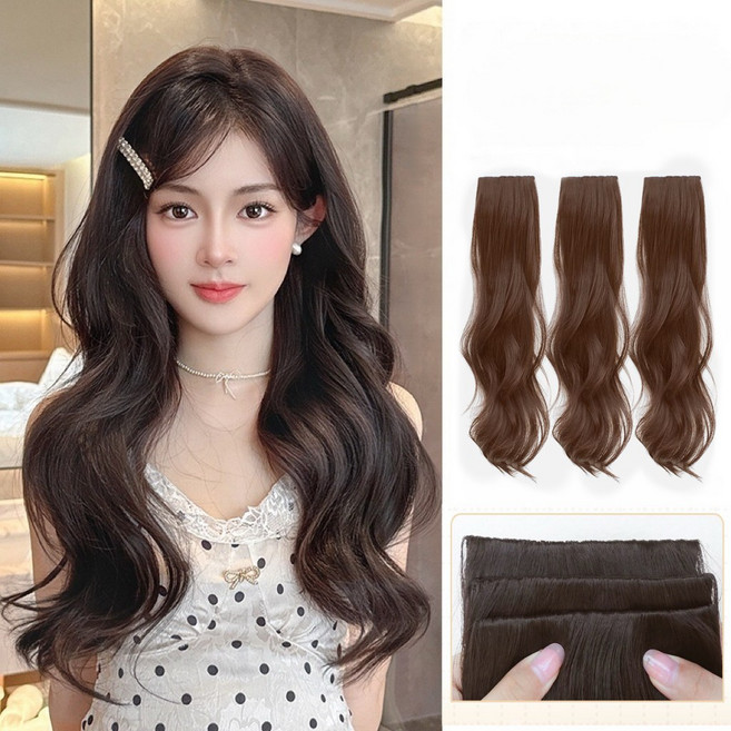 AROEREV 머릿결 좋은 네츄럴 웨이브 롱 부분 가발 3피스 붙임머리 세트, 1개, 라이트 브라운60cm