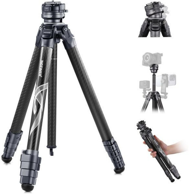 NEEWER LITETRIP LT32 62" Travel Tripod Carbon Fiber with ±15° Leveling 360° Panorama Head Deta, 1개