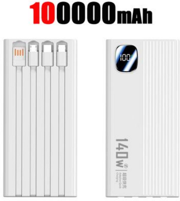 원플러스 140W 500000mAh 보조배터리 초고속 충전 대용량 4 in 1 케이블 지능형 디지털 디스플레이 라이트 휴대폰용, 5)White 100000mAh