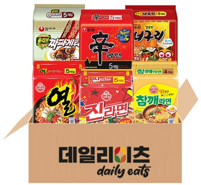 [데일리이츠] 봉지라면 멀티팩 6종 (신라면 + 짜파게티 + 너구리 + 진라면 매운 + 참깨라면 + 열라면), 3세트