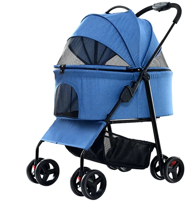 2023년 신형 접이식 럭셔리 4륜 핸드 푸시 애완동물 유모차 저렴한 대형견 유모차, 01 파란, 1