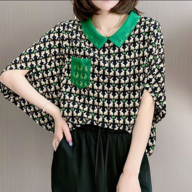 Neirny 여성 빅사이즈 반팔 쉬폰 블라우스 여름 프렌치 루즈핏 카라넥 심플 기질 패션 냉장고 데일리 하객룩 아우터 쿨링 상의