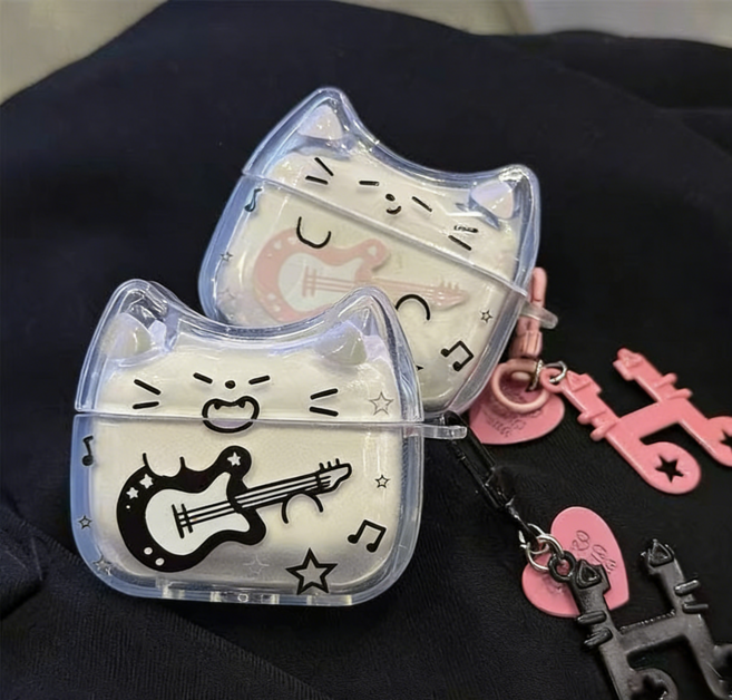 귀여운 기타 고양이 투명 커플 에어팟1/2/3/프로/프로2 케이스+키링 세트, 1개, 블랙, airpods pro2