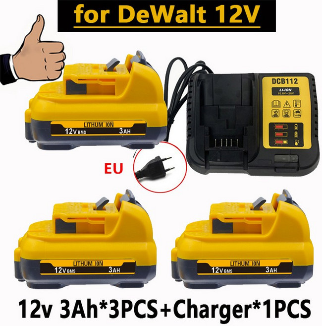 Dewalt 12V 리튬 배터리용 무선/충전식 5/6AH DCD710 DCB122 DCB120 DCB123 DCB125 DCB124 스크루드라이버 레이저 레벨, [08] 12V 3AH X3 charge X1