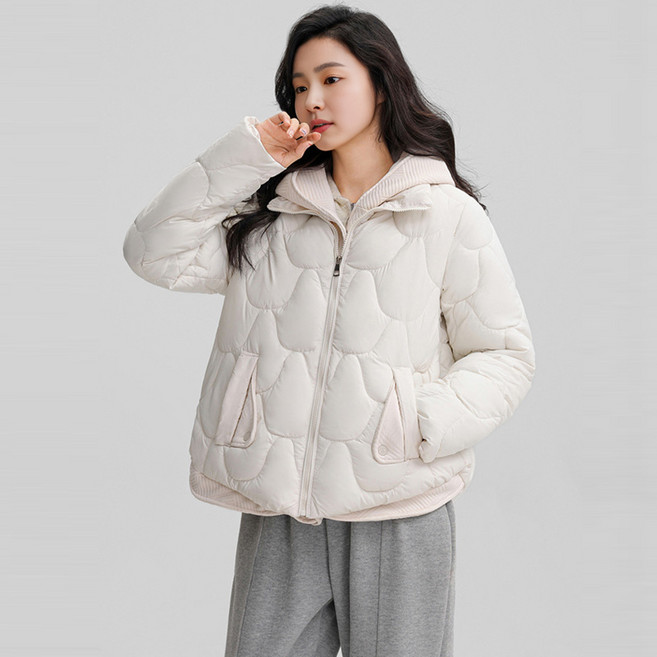 TLB 여성용 투톤 클래식 후드 숏패딩 경량 캐주얼 퀼팅 점퍼