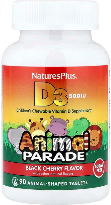 NaturesPlus Animal Parade 비타민D3 무설탕 블랙 체리 12.5mcg(500IU) 동물 모양 정제 90정 NAP-29923, 1개, 1개 - 쿠팡