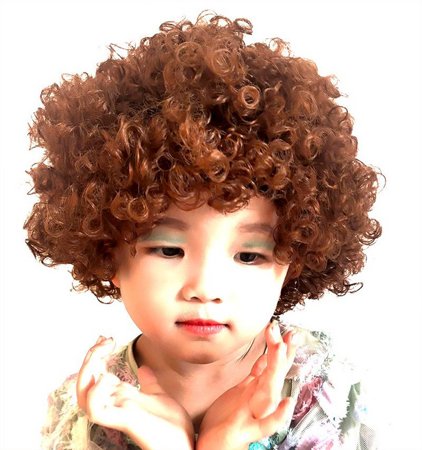 폭탄머리가발코스튬 가발 폭탄머리 폭탄 뽀글머리, 1개, 연한 갈색-아동