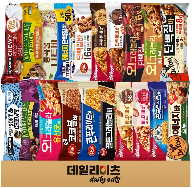 단백질바 & 에너지바 20종류 총 20개 (포스트 켈로그 닥터유 오그래놀라 커클랜드 네이처벨리 롯데 (단백질바 8종류 + 에너지바12종류)), 1세트, 40g - 쿠팡