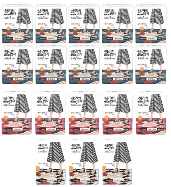 [실속특가]샐리의 법칙 생리대 시크 중형 10팩 + 대형 5팩 + 오버나이트 3팩, 1개