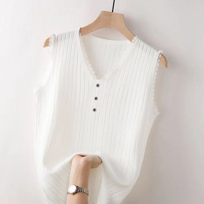 여성 레이스 브이넥 민소매 나시 빅사이즈 루즈핏 레이스 슬리브리스 탑 CIILLNY