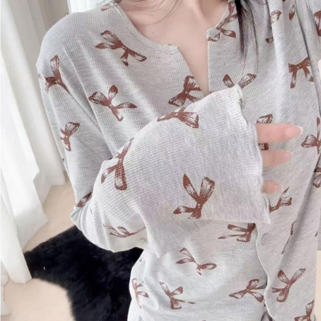 여성 러블리 라운드 모카무스 리본 홈웨어 파자마 세트