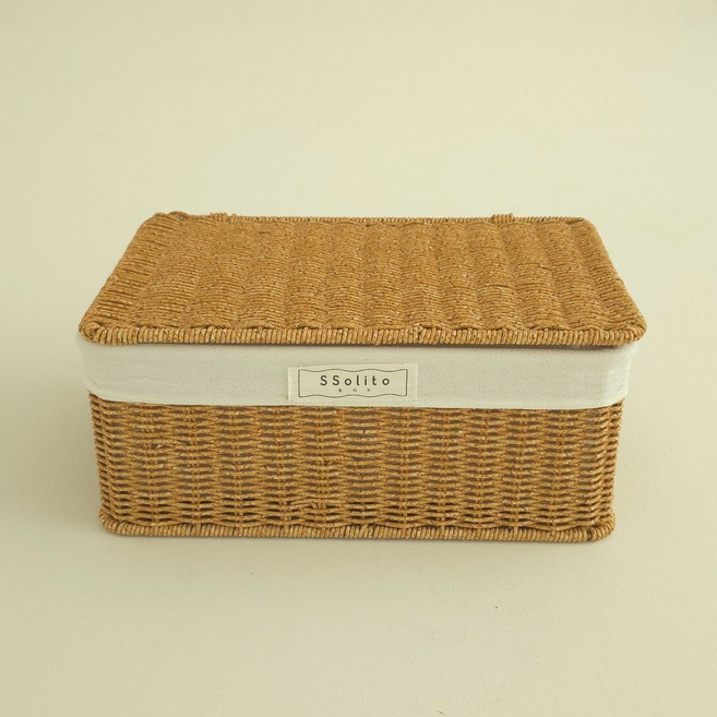 쏠리또 내츄럴 PP라탄 덮개사각바구니 옵션7(32x22x13cm), 안감포함, 1개, 덮개 옵션7번 옅은갈색(light brown)