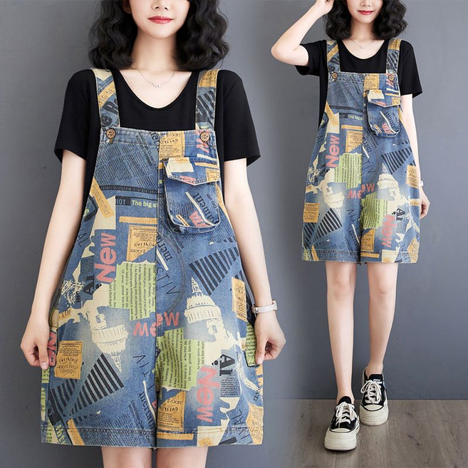 모니바 여성 빅사이즈 루즈핏 멜빵 반바지 청반바지