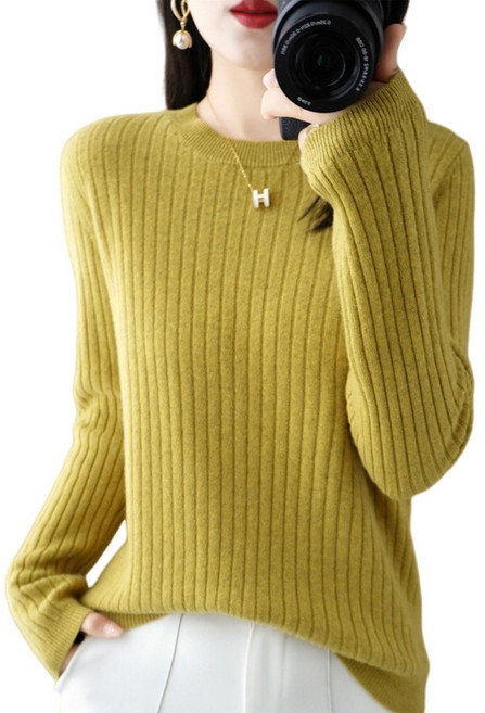 여성용 베이직 골지 라운드넥 니트 긴팔티 부드러운 간절기 데일리룩 티셔츠 Knitted T-shirt GH2217