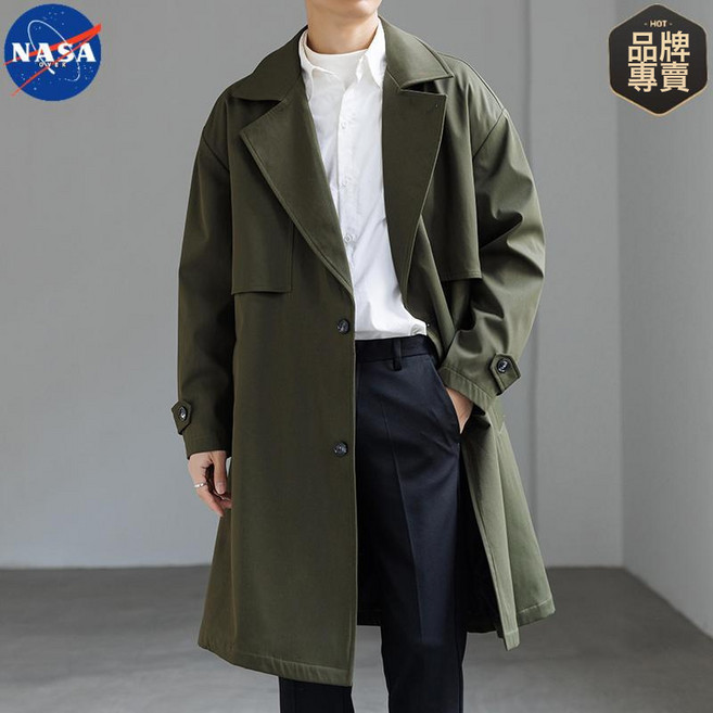 NASA聯名高質量春秋季英倫中長款風衣外套男士純色高級痞帥尼大衣