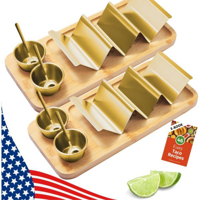 홀라테이스티 타코 홀더 키트 - 2팩(가치 팩) 타코용 3-in-1 세트 2-6 슬롯 화요일 바 파티용 멋진 프레젠테이션 랙 플레이트 애호가 채식주의자 신코 드 마요 이벤, Gold- 2 pack, Gold- 2 pack
