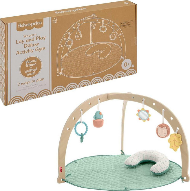 Fisher-Price Wood Baby Playmat Lay & Play 디럭스 액티비티 체육관 나무 프레임 및 뱃살 시간 감각 장난감 0개월 이상 신생아용 (아마존 독점), Fisher-Price 피셔프라이스 Wood Baby, 1개