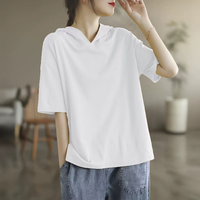 Asure 여자 여름 데일리 무지 면 후드 반팔 티셔츠