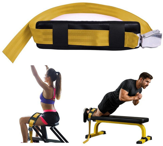 패딩 처리된 노르딕 컬 벤치 스태빌라이저 스트랩 167.6cm(66인치) 조절 가능한 앵커 벨트 위도 풀다운 레그 익스텐션 덤벨 프레스 및 홈 체육관 훈련용 튼튼한 버클, yellow strap with pad