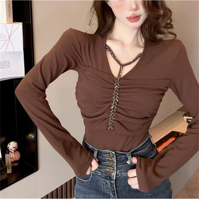 TKX 쭉티 여성 가을 겨울 섹시 슬림핏 긴팔 티셔츠 브이넥 프릴 장식 루즈핏 KW81
