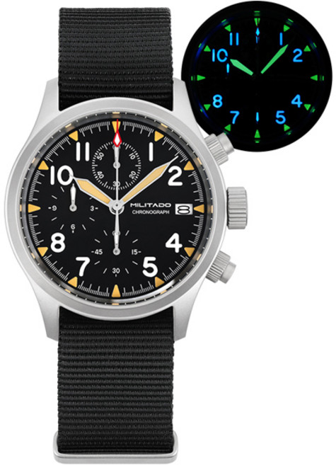 호환 Militado ML1868KF 쿼츠 시계 남자 VK67 39mm 크로노 그래프 시계 빛나는 사파이어 100m 방수 군용 손목, [03] Yellow With Date