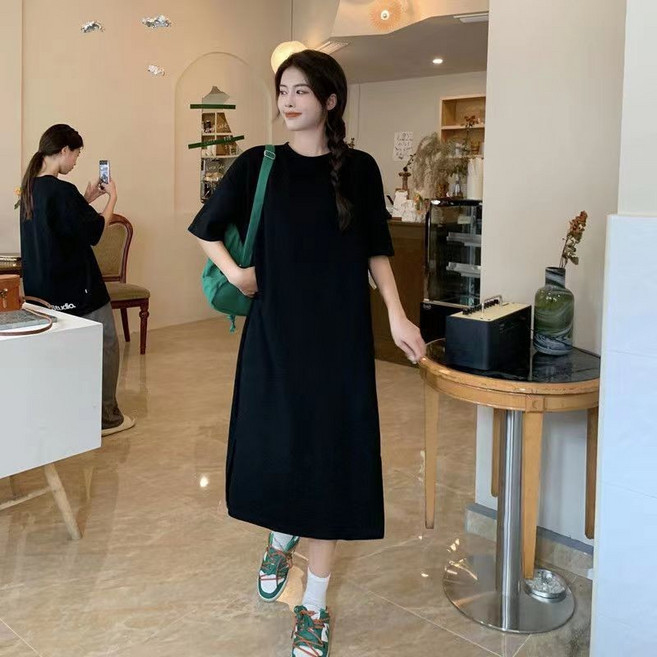 大尺碼洋裝 L-4XL 夏季短袖連衣裙 寬鬆顯瘦遮肉過膝裙, 黑色連衣裙（空白版）,L 建議40-55公斤